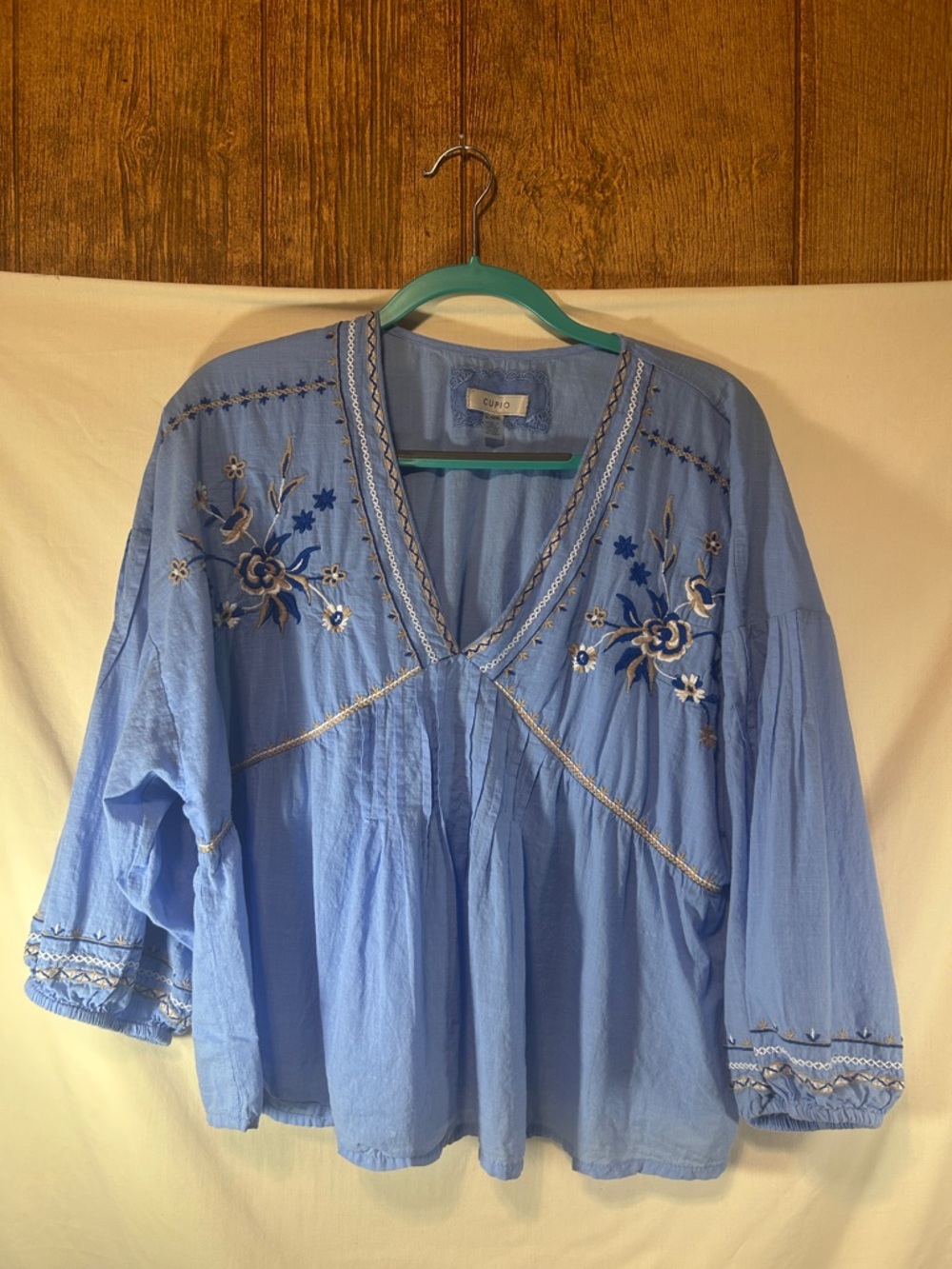 Cupio Woman’s Blue Embroidered V-Neck Peasant Top